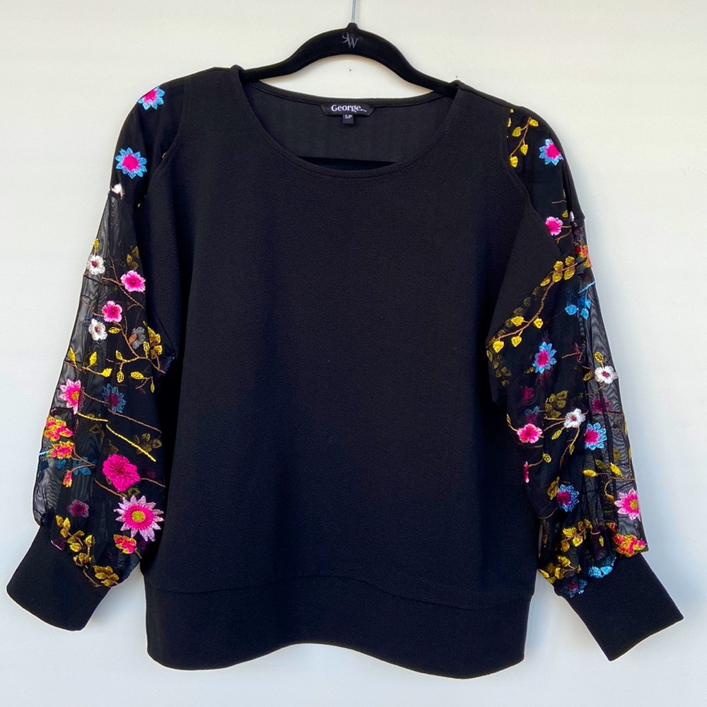 Black Top with Floral Embroidered Mesh Sleeves